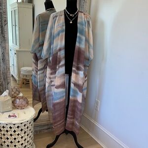 Long Open-Front Watercolor Semi-Sheer Stripe Kimono  - Blue & Mauve